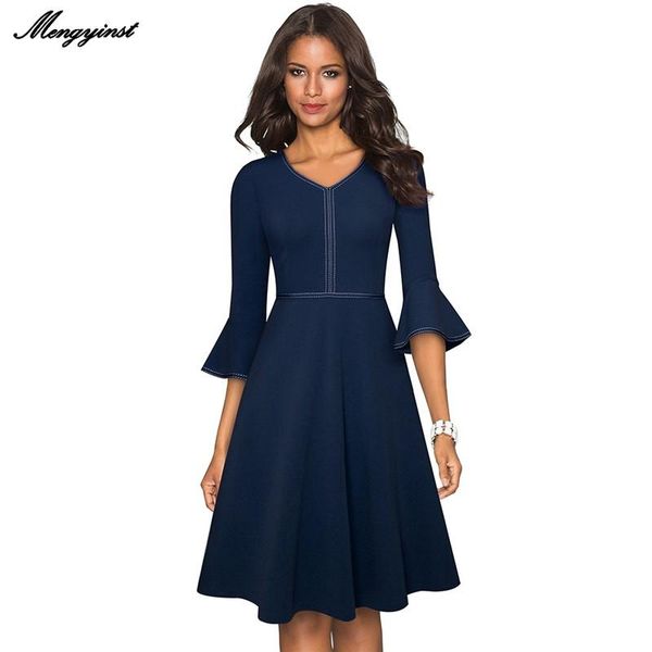 

autumn elegant pure color with flared long sleeve dresses female fashion patchwork cocktail party women swing a-line dress casual, Black;gray