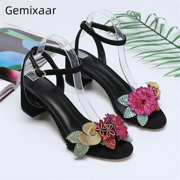 

dress shoes colorful sequins crystal flower sandals women med heel ankle strappy black suede open toe summer woman