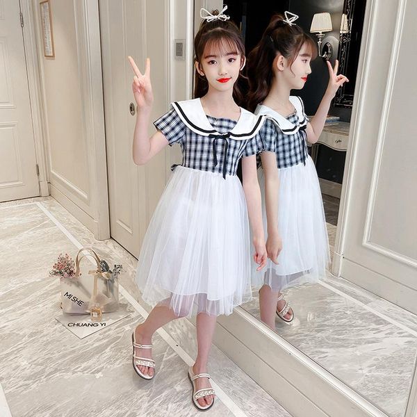 

girl's dresses children plaid splicing gauze girls dress doll collar short sleeve kids for summer clothes casual princess, Red;yellow