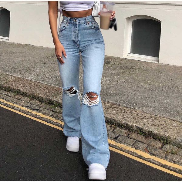

ripped jeans women high waist denim pants vintage wide leg y2k baggy for flare senim trousers streetwear 210927, Blue