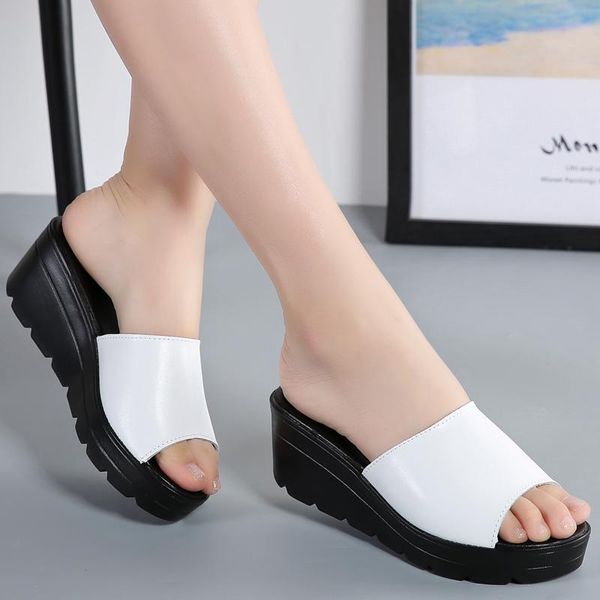 

slippers women slipper wedges platform genuine split leather slides peep toe solid flip flop slip on ladies shoes zapatos de mujer 556w, Black