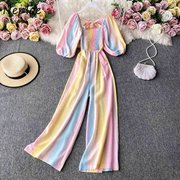 

neploe korean style chic colorful back drawstring jumpsuit chiffon wide leg pants elegant slim waist square collar bodysuit 210510, Black;white