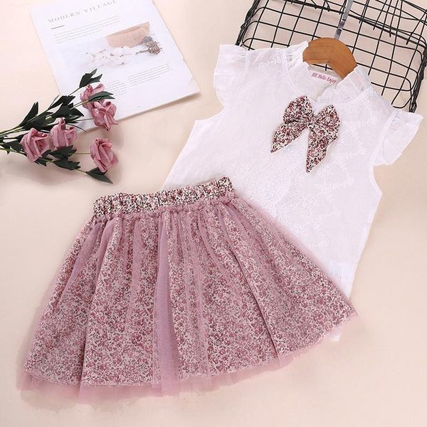

clothing sets summer girls ditsy floral children kids front bowknot buttons sleeveless shirts and mesh stitching skirt, White