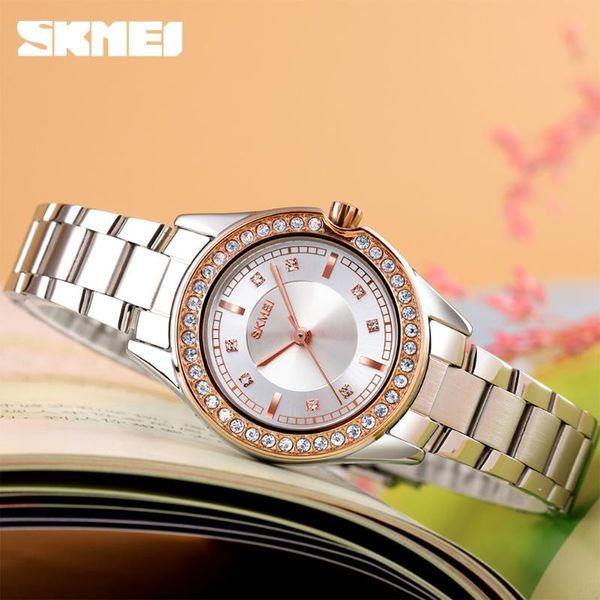

wristwatches skmei fashion women quartz watch innovative diamond lady watches waterproof stainless steel strap 1534, Slivery;brown