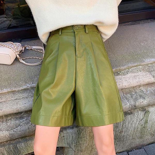 

women's shorts women pu leather autumn winter high waist loose wide leg five points trousers ladies street, White;black