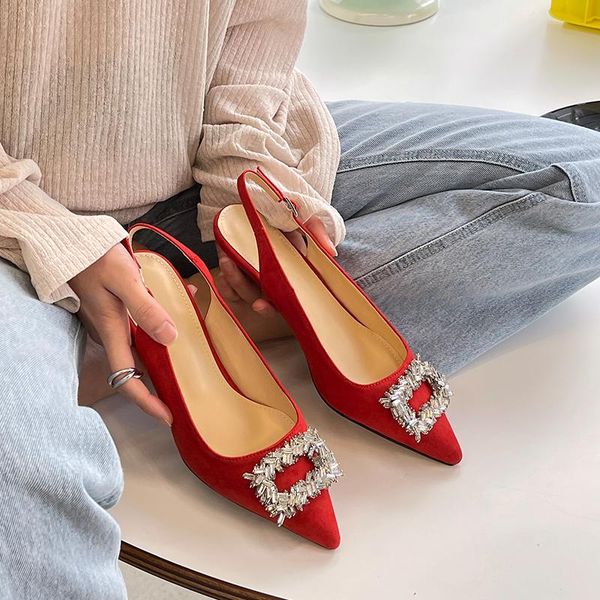 

sandals 2021 summer pointed stiletto heel high heels women's mid back empty rhinestone square buckle flat women, Black