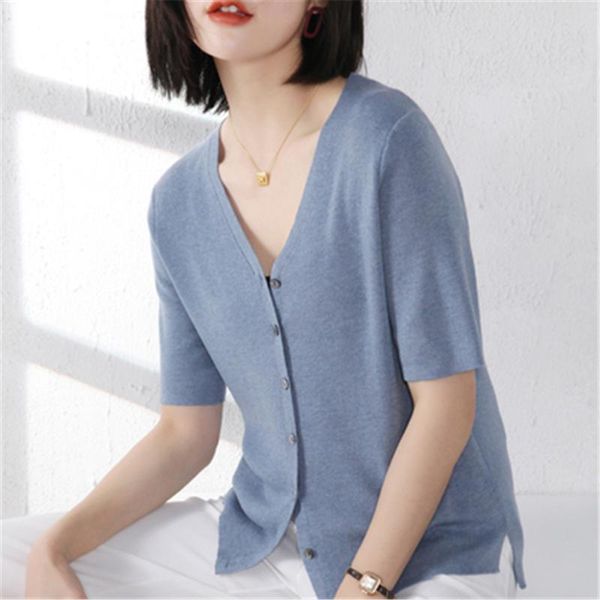 

women's knits & tees spring summer v neck knit t-shirt knitting with short sleeve ol work basic soft close-fitting breathable plus siz, White