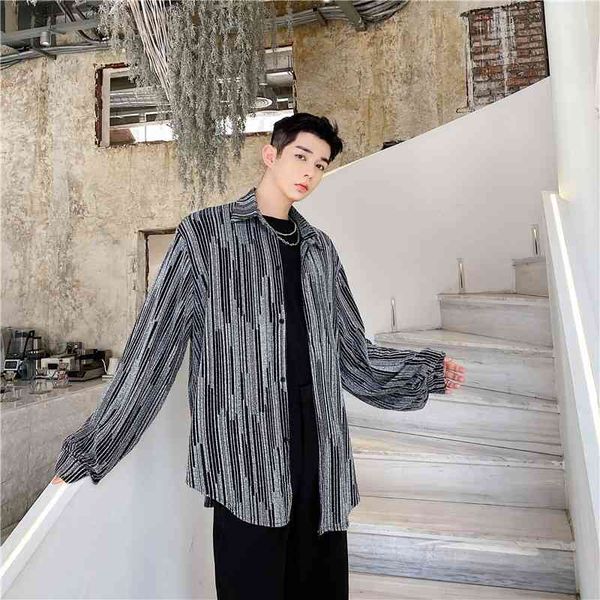 

summer thin breathable striped bright silk loose long sleeved men's korean version ruffian handsome hairstylist drop feeling shirt, White;black