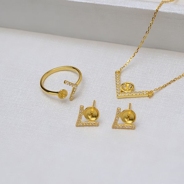 

s925 right angle pendant set chain v-shaped silver ear nail ring necklace female pearl empty support jewelry diy accessories 1260