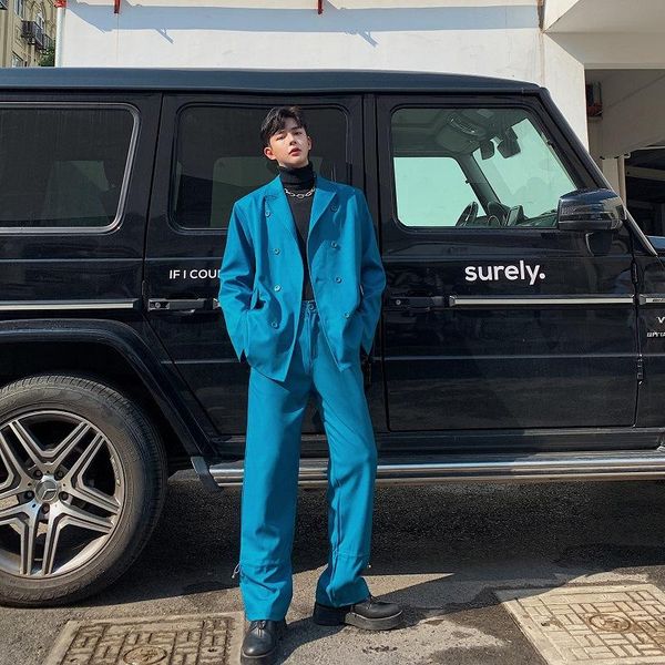 

peacock blue korean custom suit for early fall with double breasted slouch men's suits & blazers, White;black