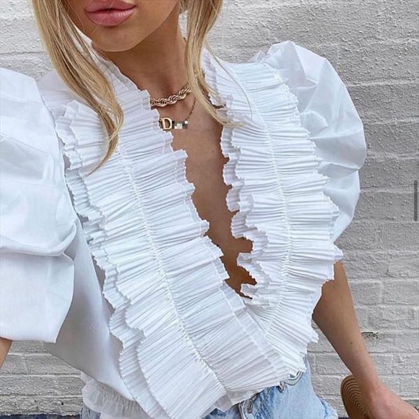 

korean sweet puff short sleeve womens blouses pleated ruffle slim waist summer elegant v neck blusas, White