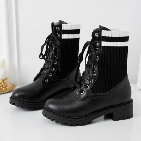 

boots lady tooling black white knitted stitching short autumn winter fashion street low-heel lace up women
