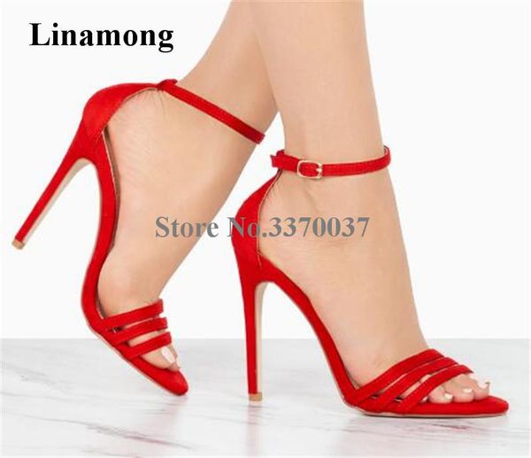 

design women open toe front three straps suede leather thin heel sandals ankle high red black beige shoe