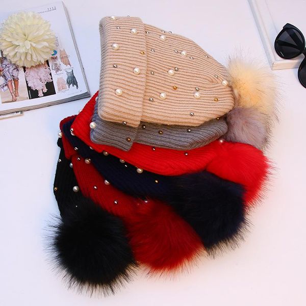 

beanie/skull caps fashion pompom knitted wool hat with pearls beads for women beanie winter spring outdoor warm bonnet, Blue;gray