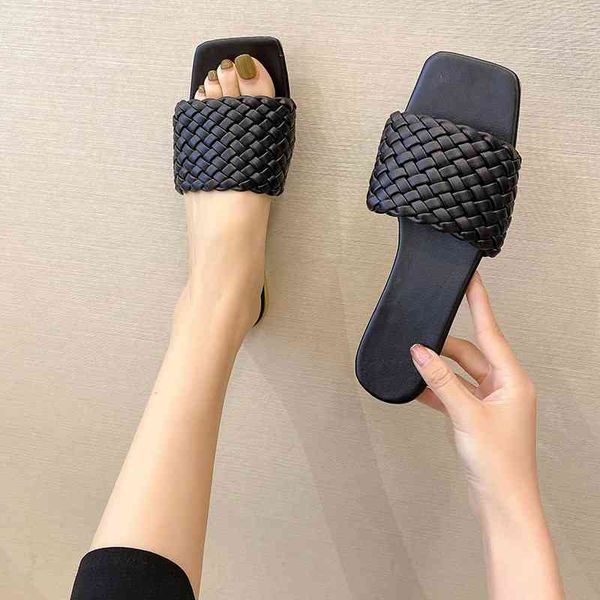 

women square toe flat slippers beach sandals women's casual flip flops woman weave shoes ladies female slides fashion slipper, Black