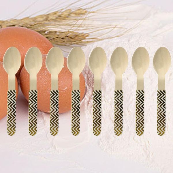

spoons 8 pcs disposable wooden eco-friendly stamping golden wave handle tableware fruit serving wedding birthday