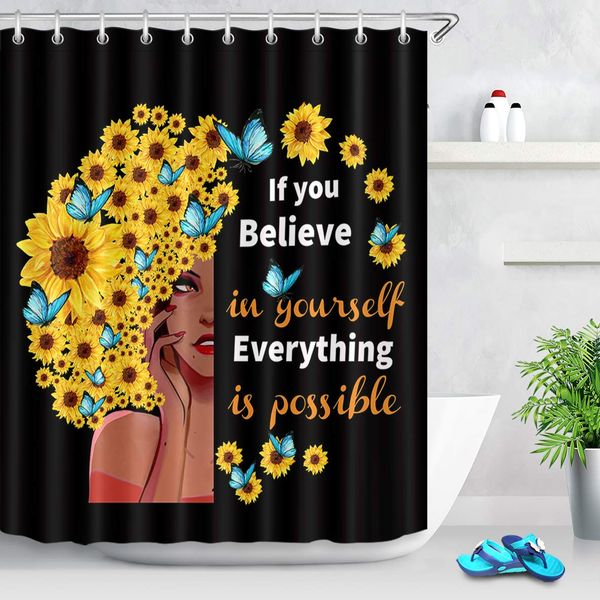 

sunflower girl shower curtain african american theme black girl with flowers butterflies afro shower curtain bathroom sets with