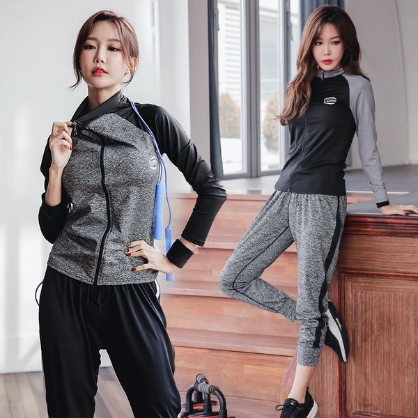 

sports autumn spring and slim korean vertical collar zipper casual coat two piece running fitness yoga suit, Gray