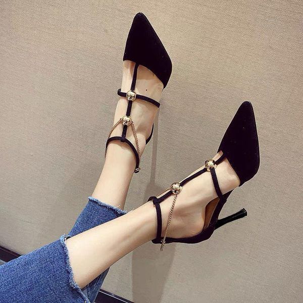 

high-heeled women's shoes 2021 summer pointed toe single black word buckle belt all-match sandals