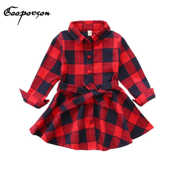 Herbst Mädchen Prinzessin Kleid Langarm Rot Plaid Casual Kleid mit Gürtel Mode Marke Kinder Kostüm Kleidung Kinder Vestidos 210715