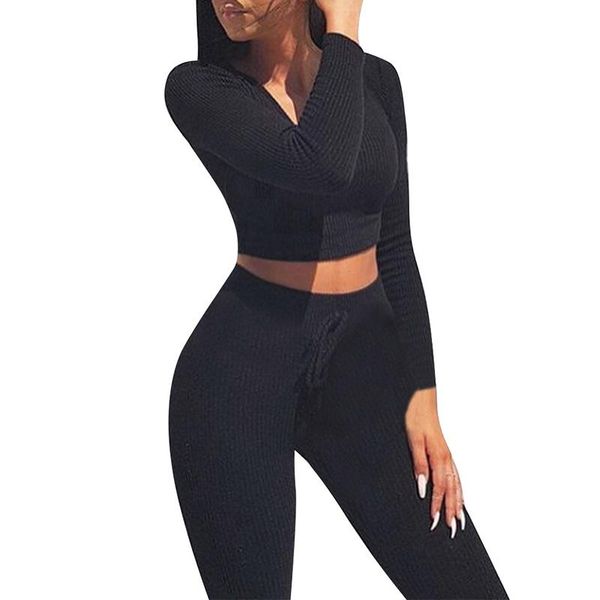 

women's two piece pants women 2 set long sleeve v-neck crop autumn winter fashion solid skinny knitted full, White