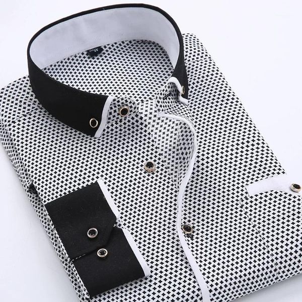 

print casual men long sleeve shirt stitching fashion pocket design soft comfortable dress slim fit style men's shirts, White;black