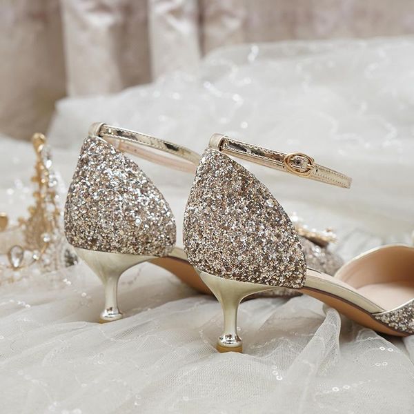 

dress shoes wedding women's 2021 bridal straight-line buckle strap hollow high heels thin heeled crystal, Black