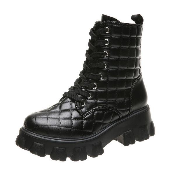 

boots plaid platform women's shoes autumn winter plus velvet warmth large size woman thick-soled outdoor short, Black