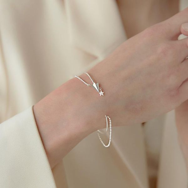 

link, chain and hoop women bracelets double layer paper airplane zircon pendant star adjustable opening simple kpop girl jewelry gifts, Black