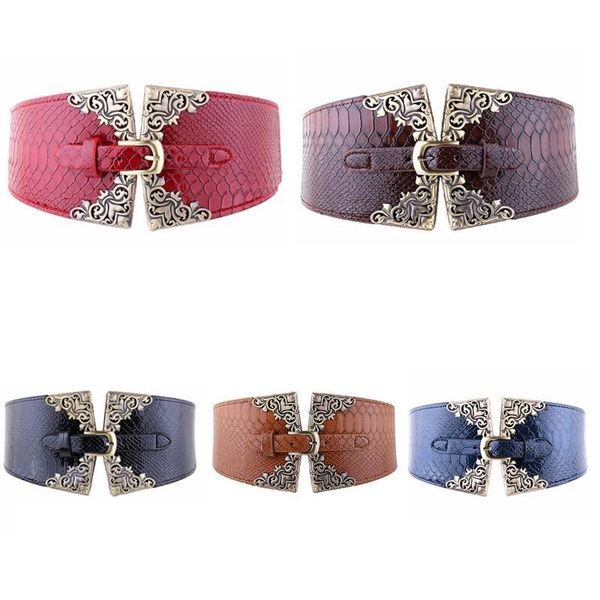 

belts women retro metal buckle fashion pu leather belt cummerbund graceful elastic pin waistband waist beautiful wide, Black;brown
