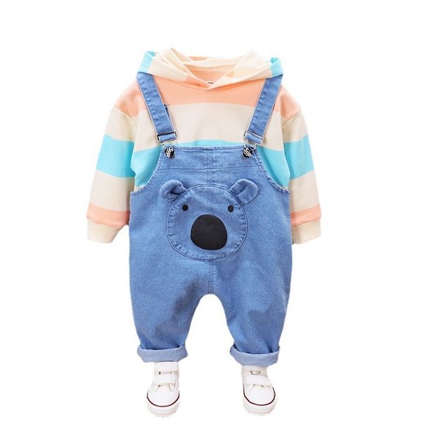 

fashion kids cotton clothing sets 1-6t baby boys& girls striped hooded cartoon designer denim overalls sweater+suspenders jeans=2pcs/set, White