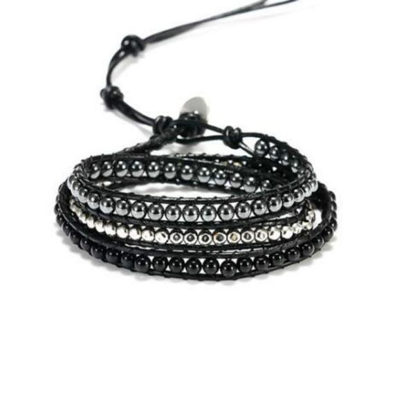 

tennis 2021 handmade bracelet jewelry natural stone round beaded leather wrap couples bracelets creative gifts, Golden;silver