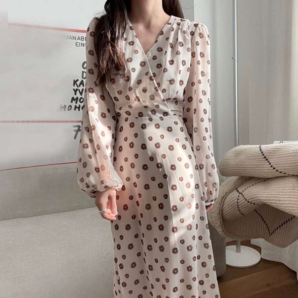 

casual dresses dress women clotheschic spring gentle temperament v-neck cross tie waist over knee bubble sleeve small wrinkle chrysanthemum, Black;gray