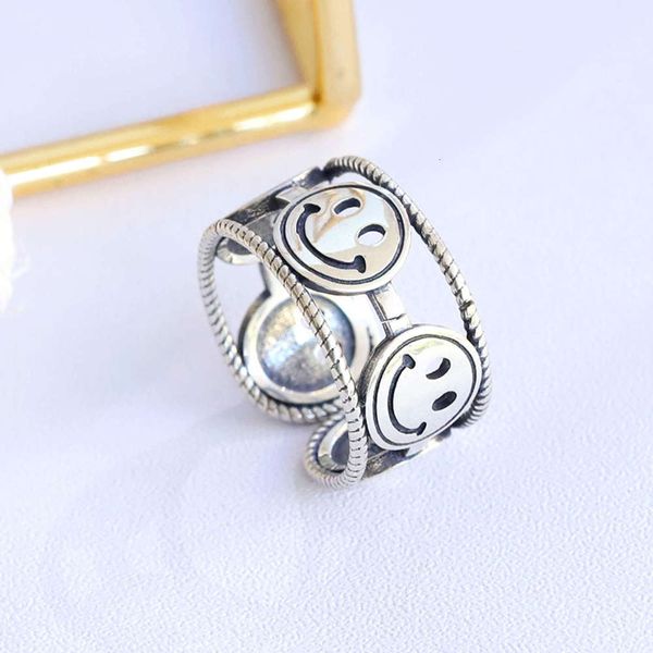 

qibao s925 silver wide face smile ring, japanese korean style, simple thai silver, old and open hip hop fashion ring, Black