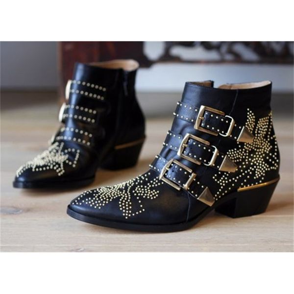 

boot leather rivets fixed-up pulley grosso ankle boots pre-driven decorated motorcycle women's riding, Black