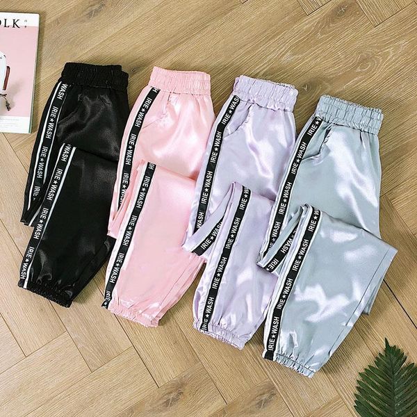 

summer big pocket satin women capris highlight harem glossy sport ribbon trousers bf harajuku joggers womens sports, Black;white