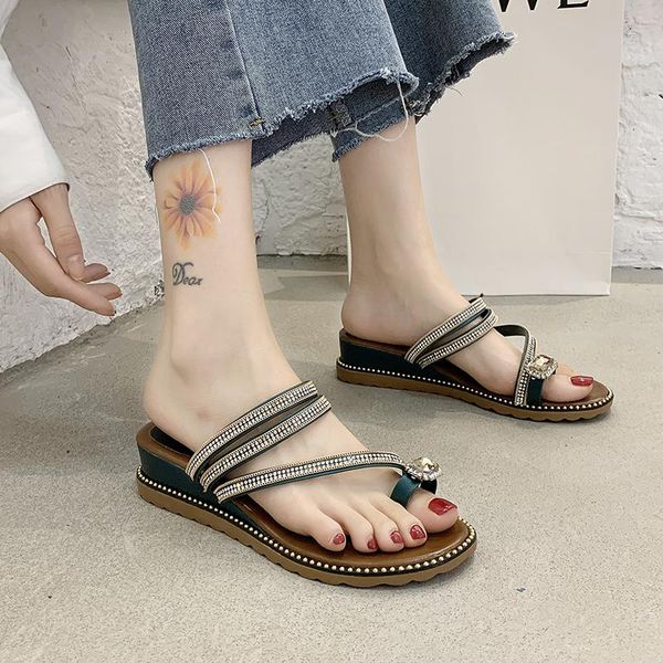 

sandals rhinestone set toe and slippers women's summer 2021 herringbone fashion wear with wedges two beach, Black