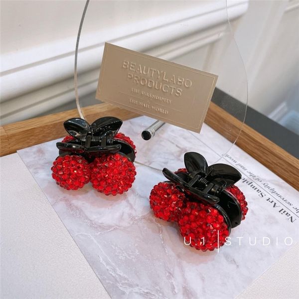 

qjvp korean east gate christmas red sparkling rhinestone cherry bangs barrettes side clips small grab jewelry water drill hair clip cute ha, Golden;silver