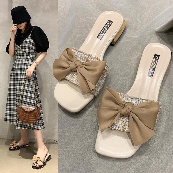 

slippers female shoes womens outdoor low square heel butterfly-knot luxury slides 2021 block designer rubber pu hoof heels rome, Black