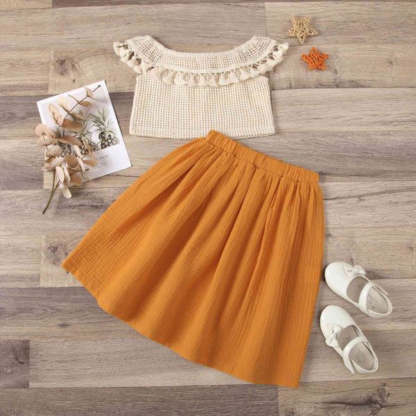 

1 6y summer boho toddler girls clothes sets tassel off shoulder a line skirts for vacation birthday, White
