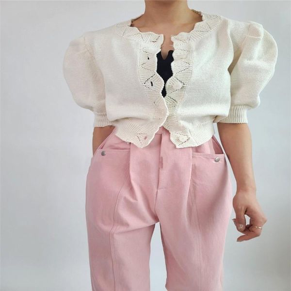 

women's blouses & shirts solid color lace buttoned puff sleeve sweater, White