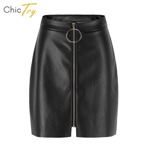 

skirts womens 2021 pu leather o-ring zipper skirt elegant ladies fashion high waist bodycon miniskirts chic street club wear xl, Black