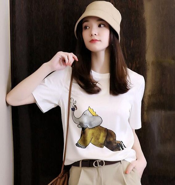 

women's t-shirt short-sleeved fashion round neck elephant print casual, White