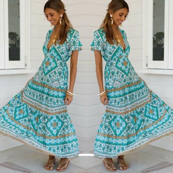 

maxi floral summer boho women dress v neck elastic waist belt long, Black;gray