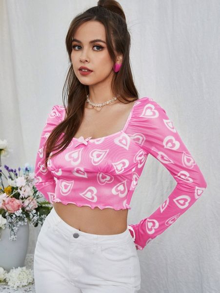 

heart print bow detail square neck lettuce trim crop 06jz#, White