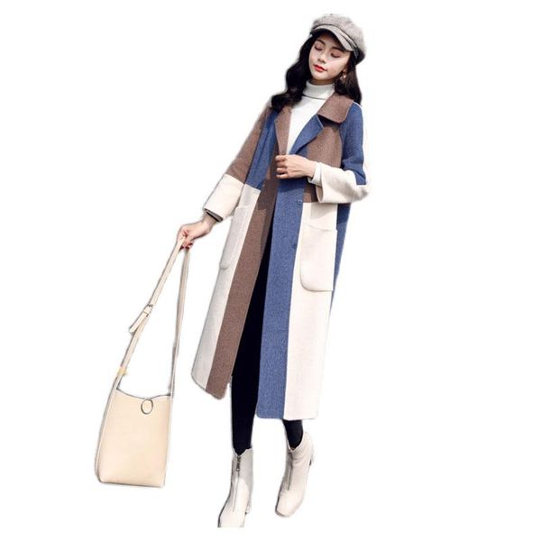 

women's wool & blends 2021 elegant autumn winter women thick loose coat korean color scheme coats mid-length quilted woolen overcoat fe, Black