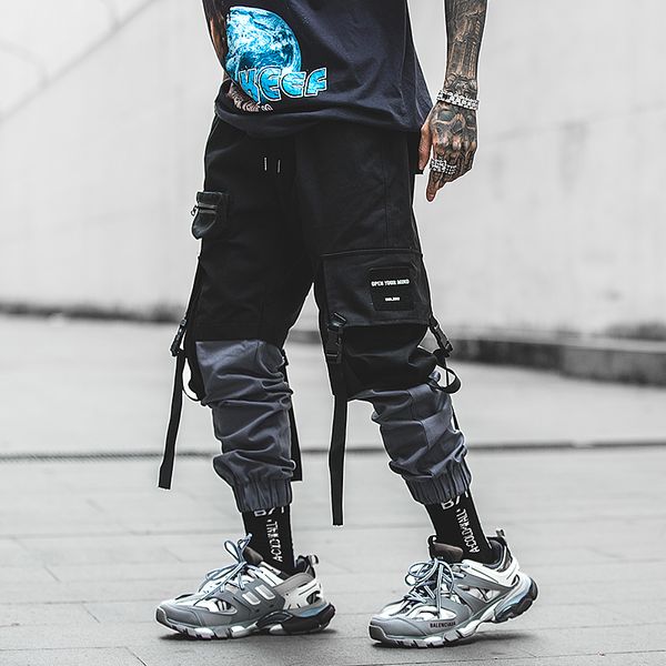 Pachwork Baumwollladung Hosen Streetwear Hip Hop Bänder Joggers Hosen Männer Koreanischer Stil Schwarz Beiläufige Spurhose