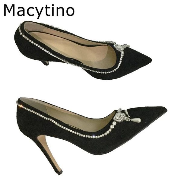 

dress shoes elegant crystal pointed toe wedding shoe women's pumps solid flock black slip on high heels for women 10cm heel