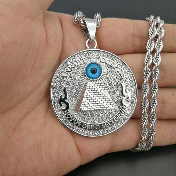 

pendant necklaces stainless steel iced out rhinestones pyramid eye of providence necklace hip round & chain masonic jewelry, Silver