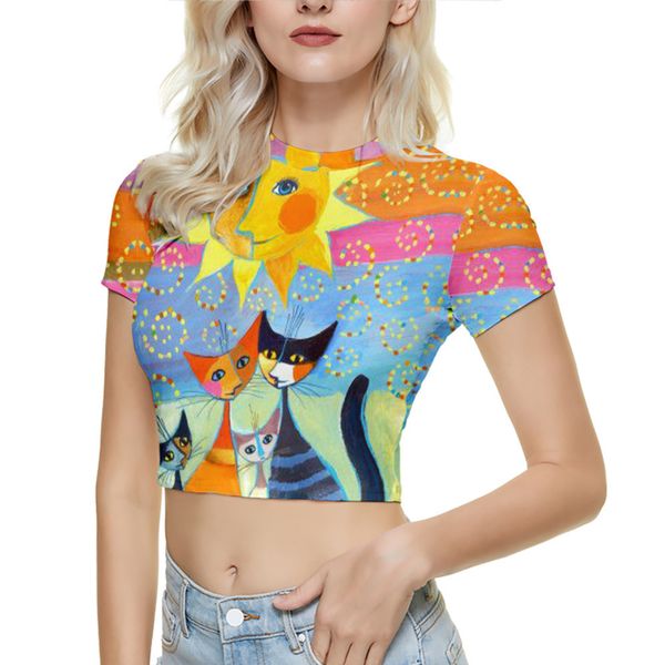 

fashion t shirt women's slim fit short sleeve navel cartoon cat print, White